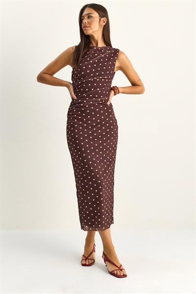 Kadın Drapeli Puantiyeli Astarlı Midi Elbise 20219 60286146 - Acı Kahve
