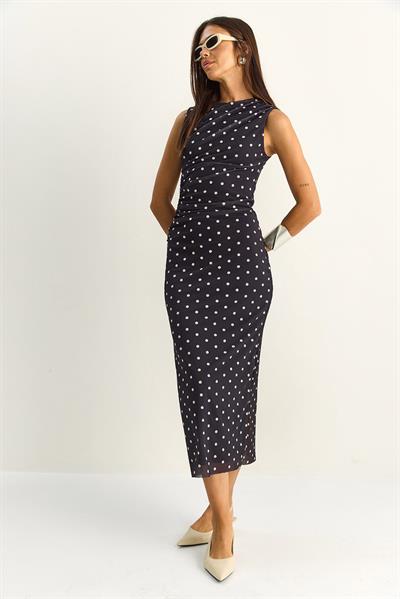 Kadın Drapeli Puantiyeli Astarlı Midi Elbise 20219 60286146 - Siyah