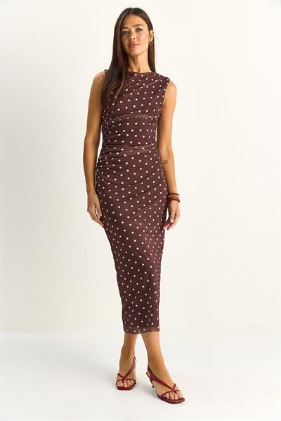 Kadın Drapeli Puantiyeli Astarlı Midi Elbise 20219 60286146 - Acı Kahve