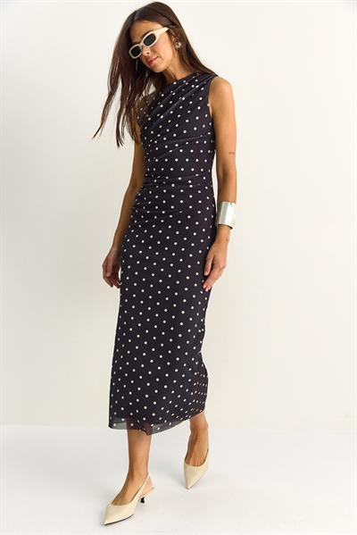Kadın Drapeli Puantiyeli Astarlı Midi Elbise 20219 60286146 - Siyah