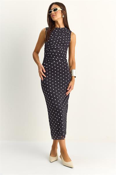 Kadın Drapeli Puantiyeli Astarlı Midi Elbise 20219 60286146 - Siyah