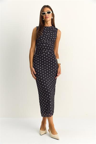 Kadın Drapeli Puantiyeli Astarlı Midi Elbise 20219 60286146 - Siyah