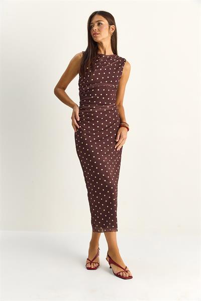 Kadın Drapeli Puantiyeli Astarlı Midi Elbise 20219 60286146 - Acı Kahve