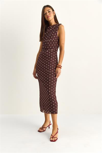 Kadın Drapeli Puantiyeli Astarlı Midi Elbise 20219 60286146 - Acı Kahve