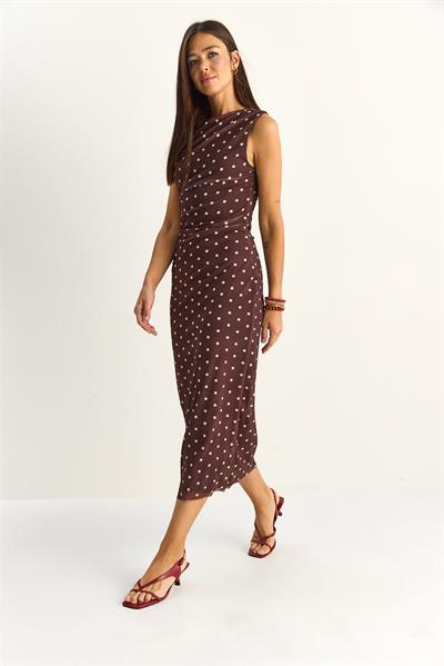 Kadın Drapeli Puantiyeli Astarlı Midi Elbise 20219 60286146 - Acı Kahve