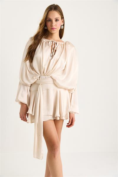 Kadın Drapeli Uzun Kollu Mini Etekli Büzgülü Bel Detaylı Astarlı Şortlu Elbise 9567 60283467 - Bej