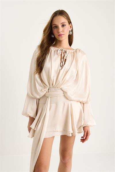 Kadın Drapeli Uzun Kollu Mini Etekli Büzgülü Bel Detaylı Astarlı Şortlu Elbise 9567 60283467 - Bej