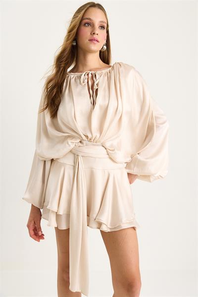 Kadın Drapeli Uzun Kollu Mini Etekli Büzgülü Bel Detaylı Astarlı Şortlu Elbise 9567 60283467 - Bej
