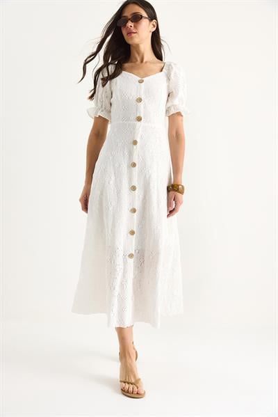Kadın Düğme Aksesuarlı Astarlı Örme Brode Elbise 25-100 60283429 - Beyaz