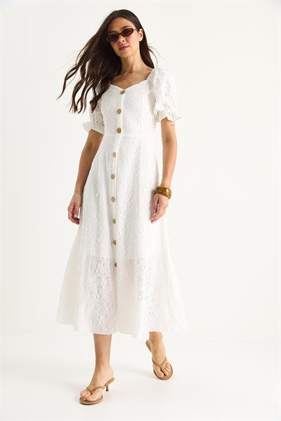Kadın Düğme Aksesuarlı Astarlı Örme Brode Elbise 25-100 60283429 - Beyaz