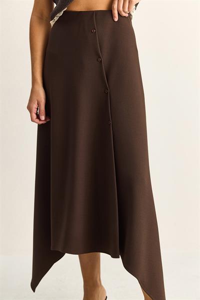 Kadın Düğme Detaylı Asimetrik Kesim Beli Lastikli Örme Etek 7236 60286094 - Acı Kahve