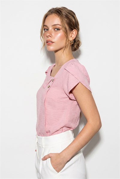 Kadın Düğme Detaylı Kısa Kol Rahat Kalıp Bluz 60286443 - Pembe