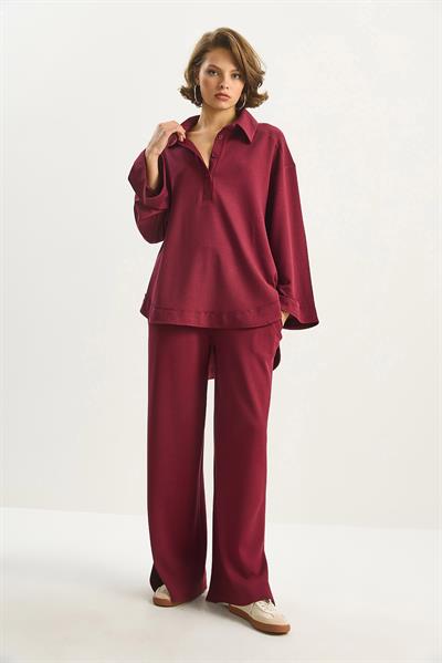 Kadın Düğme Detaylı Polo Yaka Rahat Kesim Modal Alt-Üst Takım 4036 60283607 - Bordo