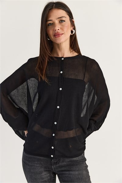 Kadın Düğme Kapalı Oversize Merserize Triko Pelerin Bluz 2869 60286538 - Siyah