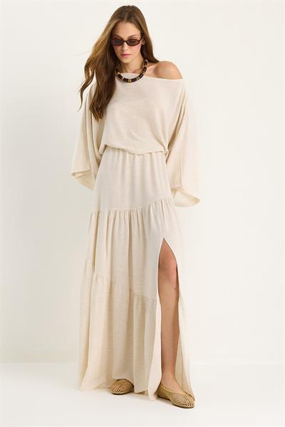 Kadın Düşük Omuzlu Crop Bluz Yırtmaç Detaylı İnce Keten Alt-Üst Takım DT251026 60283461 - Bej