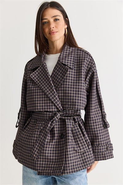 Kadın Ekose Desenli Astarlı Kemerli Cep Detaylı Su İtici Trençkot 1124 60286562 - Kahverengi DIŞ GİYİM modelleri