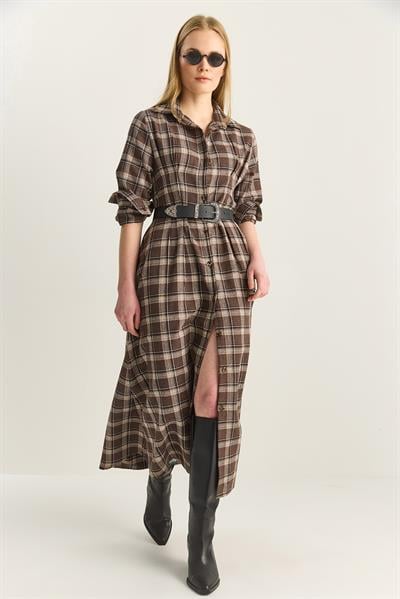 Kadın Ekose Desenli Belden Oturtmalı Cep Detaylı Kloş Pamuk Elbise 5610 60283900 - Kahverengi-Bej