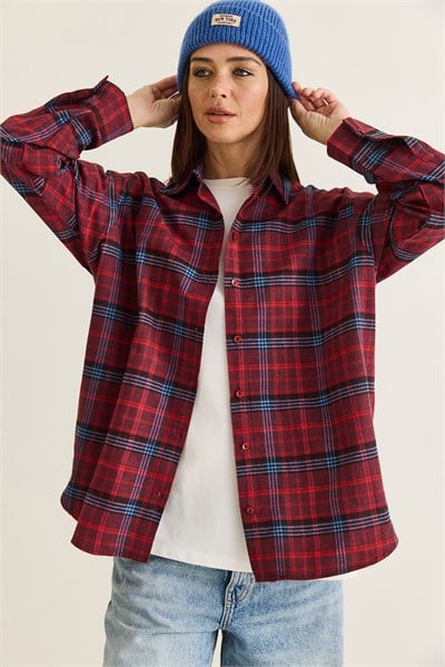 Kadın Ekose Desenli Düğmeli Oversize Oduncu Gömlek 2353 60286676 - Bordo