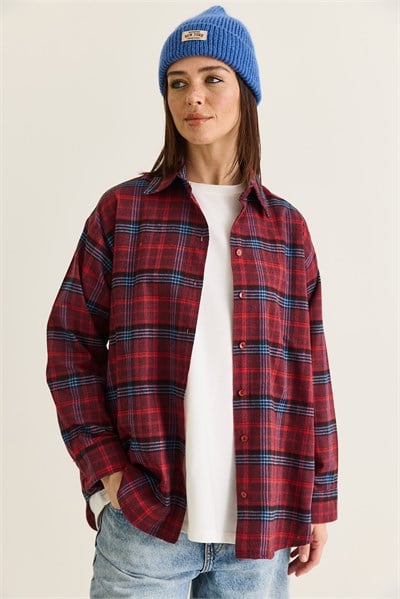 Kadın Ekose Desenli Düğmeli Oversize Oduncu Gömlek 2353 60286676 - Bordo