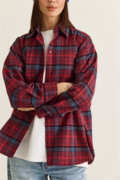 Kadın Ekose Desenli Düğmeli Oversize Oduncu Gömlek 2353 60286676 - Bordo