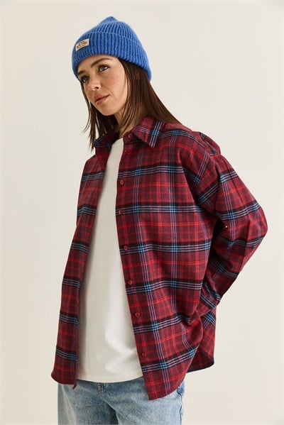 Kadın Ekose Desenli Düğmeli Oversize Oduncu Gömlek 2353 60286676 - Bordo