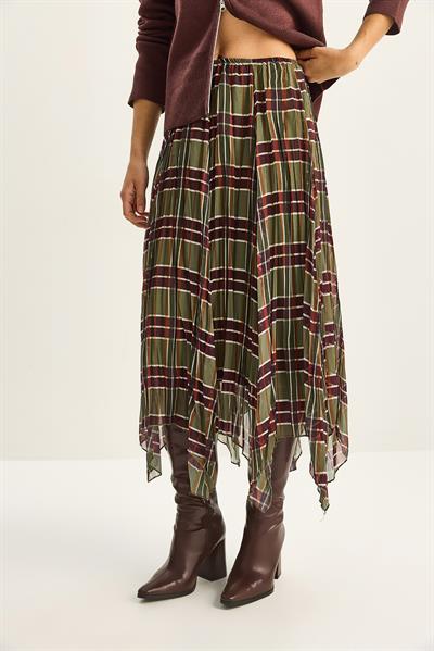 Kadın Ekose Desenli Kırışık Efektli Astarlı Midi Şifon Etek DE251105 60283760 - Yeşil