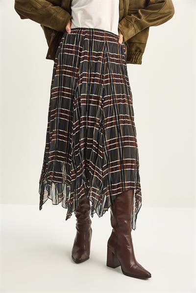 Kadın Ekose Desenli Kırışık Efektli Astarlı Midi Şifon Etek DE251105 60283760 - Haki