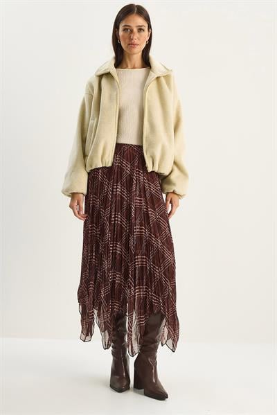 Kadın Ekose Desenli Kırışık Efektli Astarlı Midi Şifon Etek DE251105 60283760 - Kahverengi