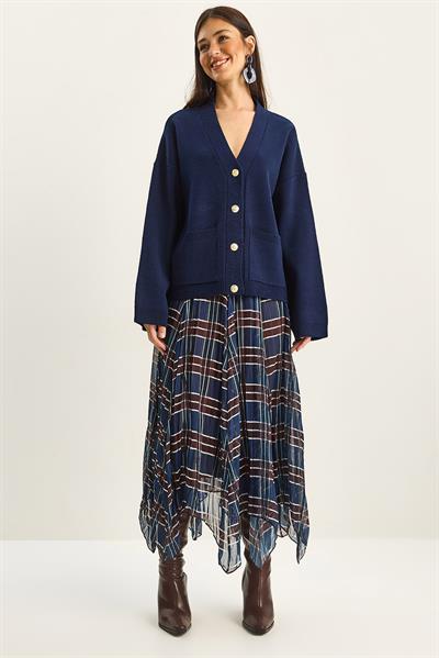 Kadın Ekose Desenli Kırışık Efektli Astarlı Midi Şifon Etek DE251105 60283760 - Lacivert