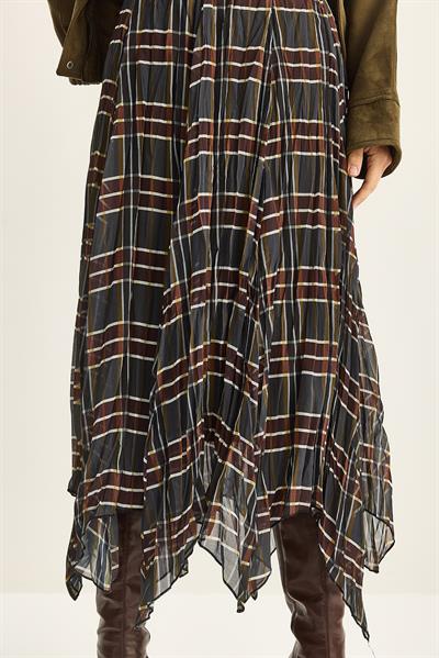 Kadın Ekose Desenli Kırışık Efektli Astarlı Midi Şifon Etek DE251105 60283760 - Haki