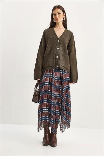 Kadın Ekose Desenli Kırışık Efektli Astarlı Midi Şifon Etek DE251105 60283760 - Kahve