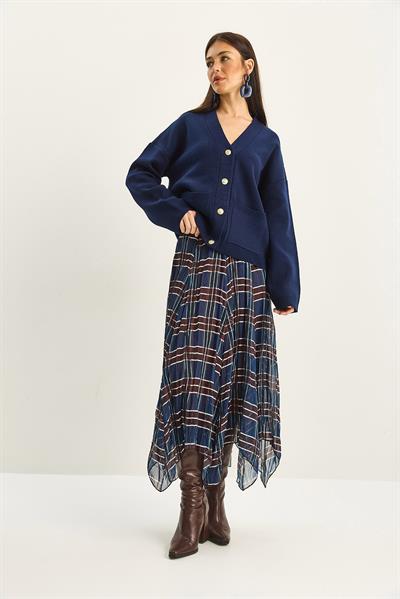 Kadın Ekose Desenli Kırışık Efektli Astarlı Midi Şifon Etek DE251105 60283760 - Lacivert