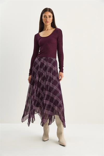 Kadın Ekose Desenli Kırışık Efektli Astarlı Midi Şifon Etek DE251105 60283760 - Mor