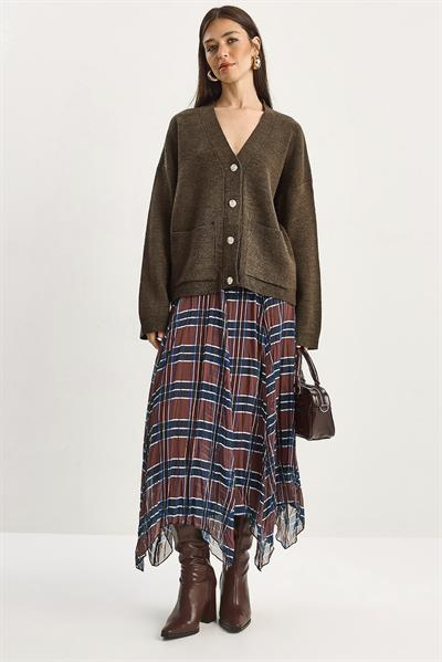 Kadın Ekose Desenli Kırışık Efektli Astarlı Midi Şifon Etek DE251105 60283760 - Kahve