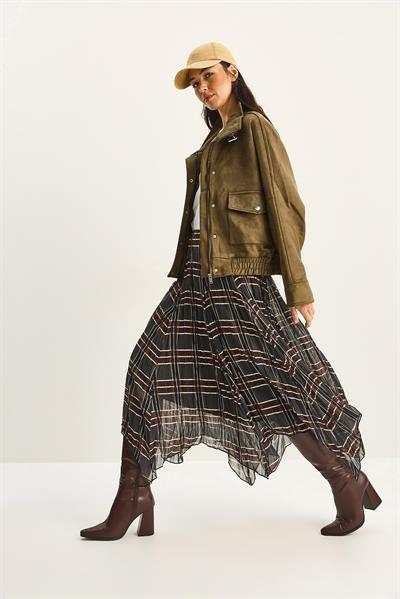 Kadın Ekose Desenli Kırışık Efektli Astarlı Midi Şifon Etek DE251105 60283760 - Haki