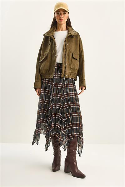 Kadın Ekose Desenli Kırışık Efektli Astarlı Midi Şifon Etek DE251105 60283760 - Haki