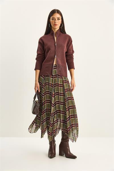 Kadın Ekose Desenli Kırışık Efektli Astarlı Midi Şifon Etek DE251105 60283760 - Yeşil