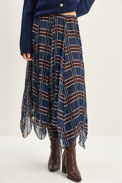 Kadın Ekose Desenli Kırışık Efektli Astarlı Midi Şifon Etek DE251105 60283760 - Lacivert