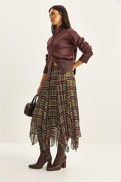 Kadın Ekose Desenli Kırışık Efektli Astarlı Midi Şifon Etek DE251105 60283760 - Yeşil