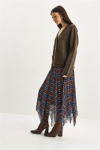 Kadın Ekose Desenli Kırışık Efektli Astarlı Midi Şifon Etek DE251105 60283760 - Kahve