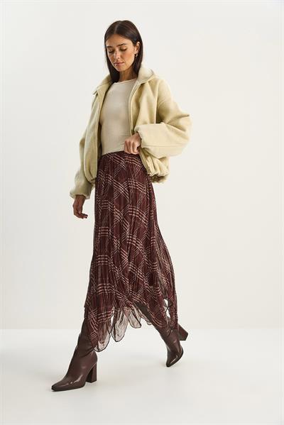 Kadın Ekose Desenli Kırışık Efektli Astarlı Midi Şifon Etek DE251105 60283760 - Kahverengi