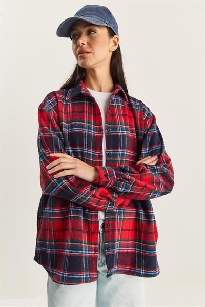Kadın Ekose Desenli Oversize Oduncu Gömlek DG251056 60283837 - Kırmızı-Lacivert