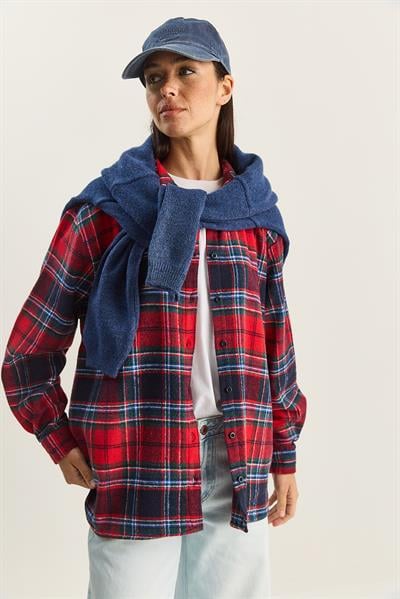 Kadın Ekose Desenli Oversize Oduncu Gömlek DG251056 60283837 - Kırmızı-Lacivert