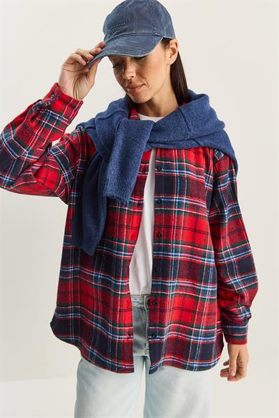 Kadın Ekose Desenli Oversize Oduncu Gömlek DG251056 60283837 - Kırmızı-Lacivert