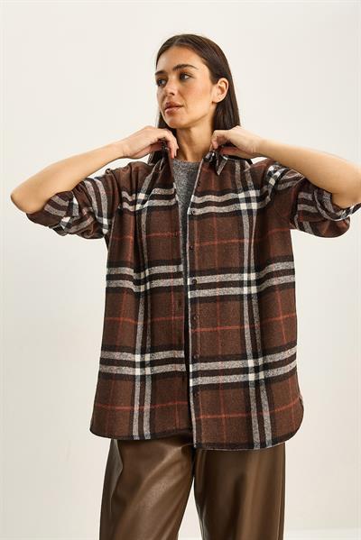 Kadın Ekose Desenli Oversize Oduncu Gömlek DG251061 60283825 - Kahverengi-Bej