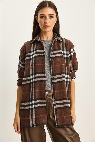 Kadın Ekose Desenli Oversize Oduncu Gömlek DG251061 60283825 - Kahverengi-Bej