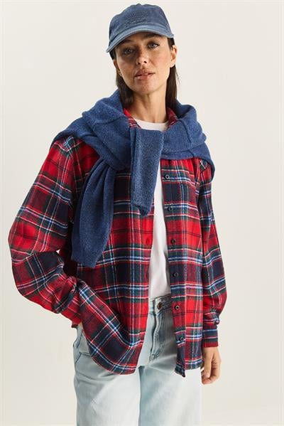 Kadın Ekose Desenli Oversize Oduncu Gömlek DG251056 60283837 - Kırmızı-Lacivert