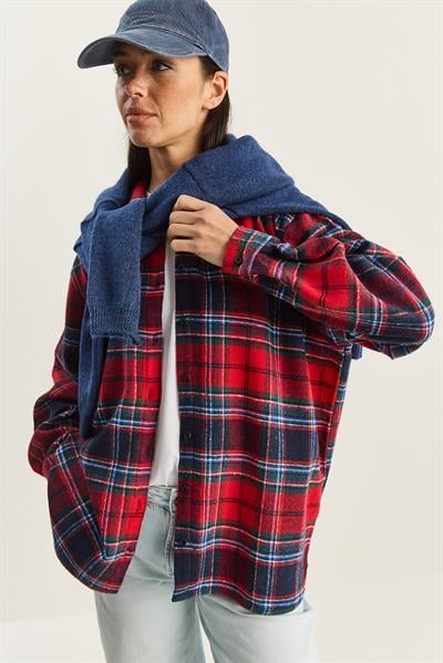 Kadın Ekose Desenli Oversize Oduncu Gömlek DG251056 60283837 - Kırmızı-Lacivert