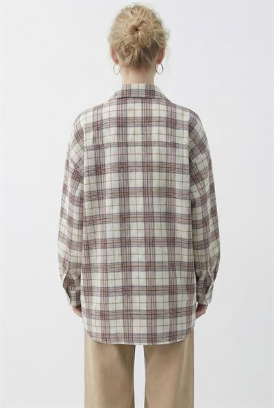 Kadın Ekose Desenli Relaxed %100 Pamuk Gömlek 34519 60286020 - Ekru-Bej