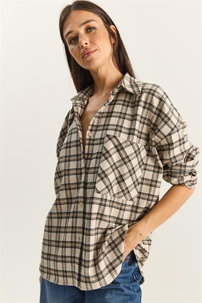 Kadın Ekose Desenli Taş Baskılı Relaxed Gömlek 2166 60283877 - Krem-Lacivert